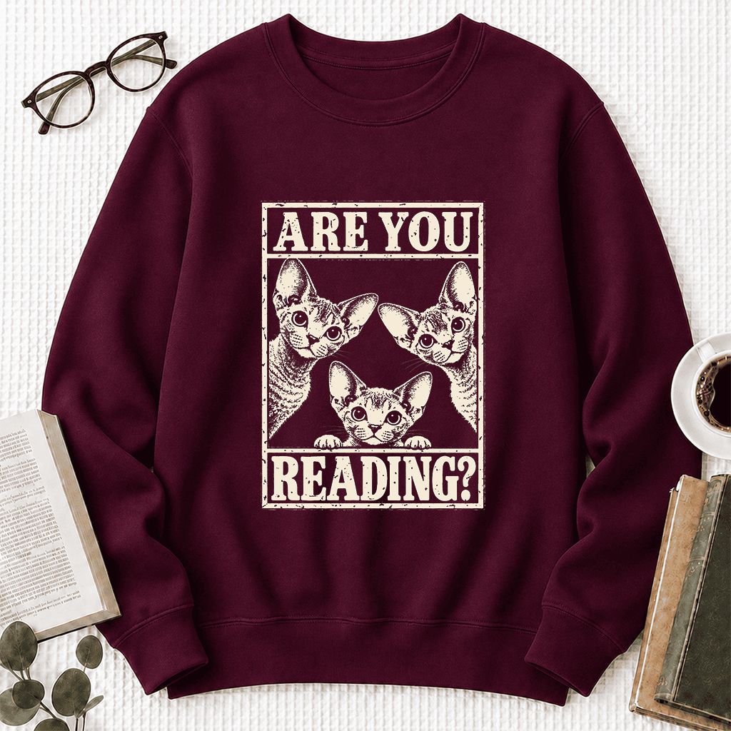 ARE YOU READING Devon Rex Printed Sweatshirt | Cat Lover Gift Maroon