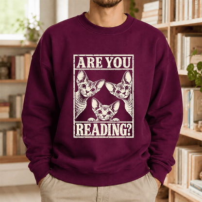 ARE YOU READING Devon Rex Printed Sweatshirt | Cat Lover Gift Maroon