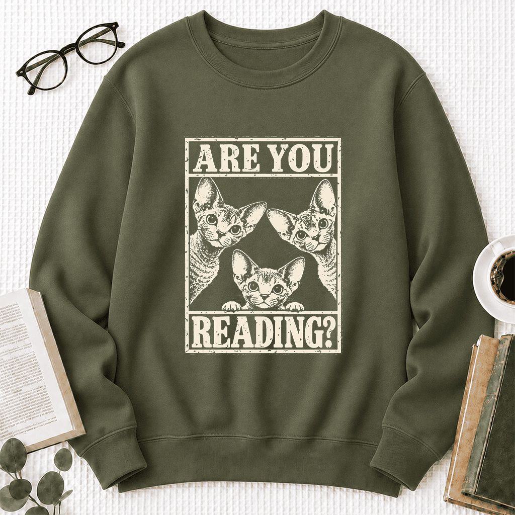 ARE YOU READING Devon Rex Printed Sweatshirt | Cat Lover Gift Military Green