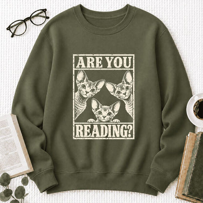 ARE YOU READING Devon Rex Printed Sweatshirt | Cat Lover Gift Military Green