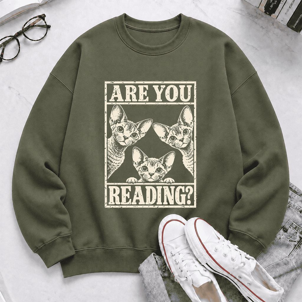 ARE YOU READING Devon Rex Printed Sweatshirt | Cat Lover Gift Military Green