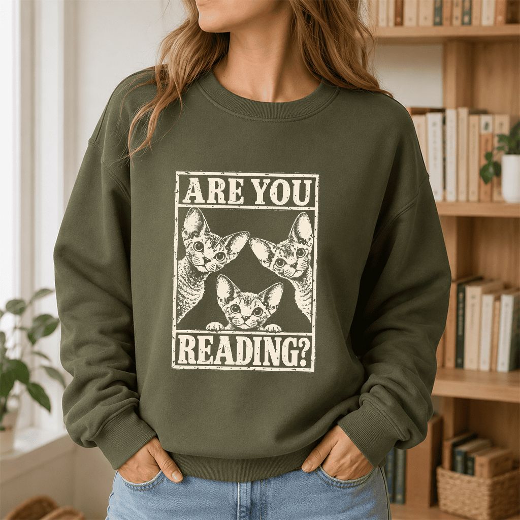 ARE YOU READING Devon Rex Printed Sweatshirt | Cat Lover Gift Military Green