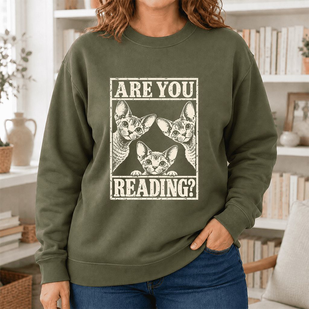 ARE YOU READING Devon Rex Printed Sweatshirt | Cat Lover Gift Military Green