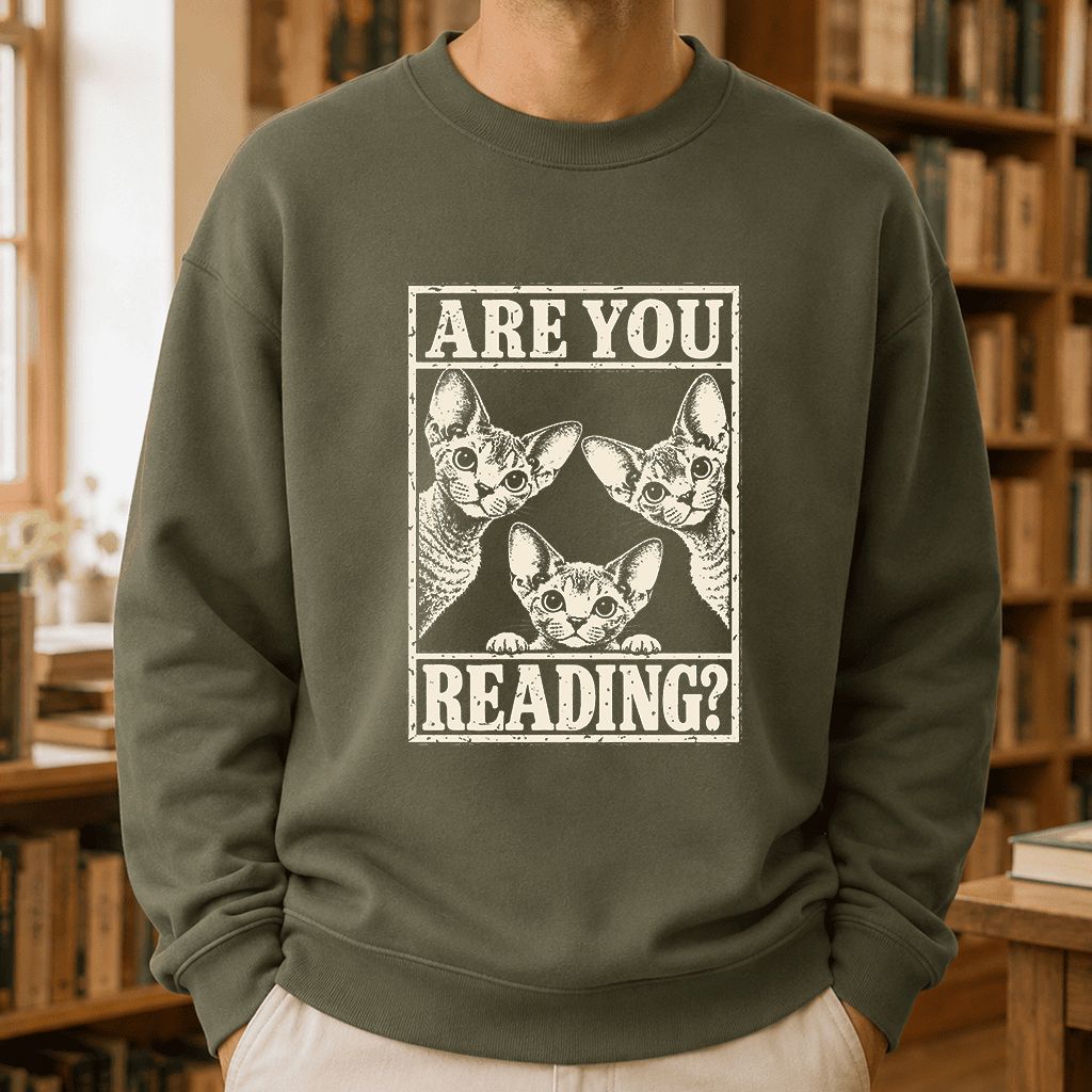 ARE YOU READING Devon Rex Printed Sweatshirt | Cat Lover Gift Military Green