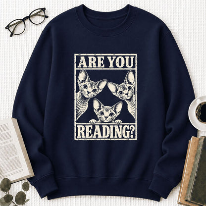 ARE YOU READING Devon Rex Printed Sweatshirt | Cat Lover Gift Navy