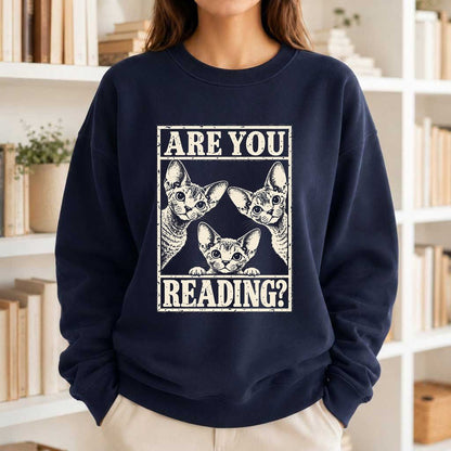 ARE YOU READING Devon Rex Printed Sweatshirt | Cat Lover Gift Navy