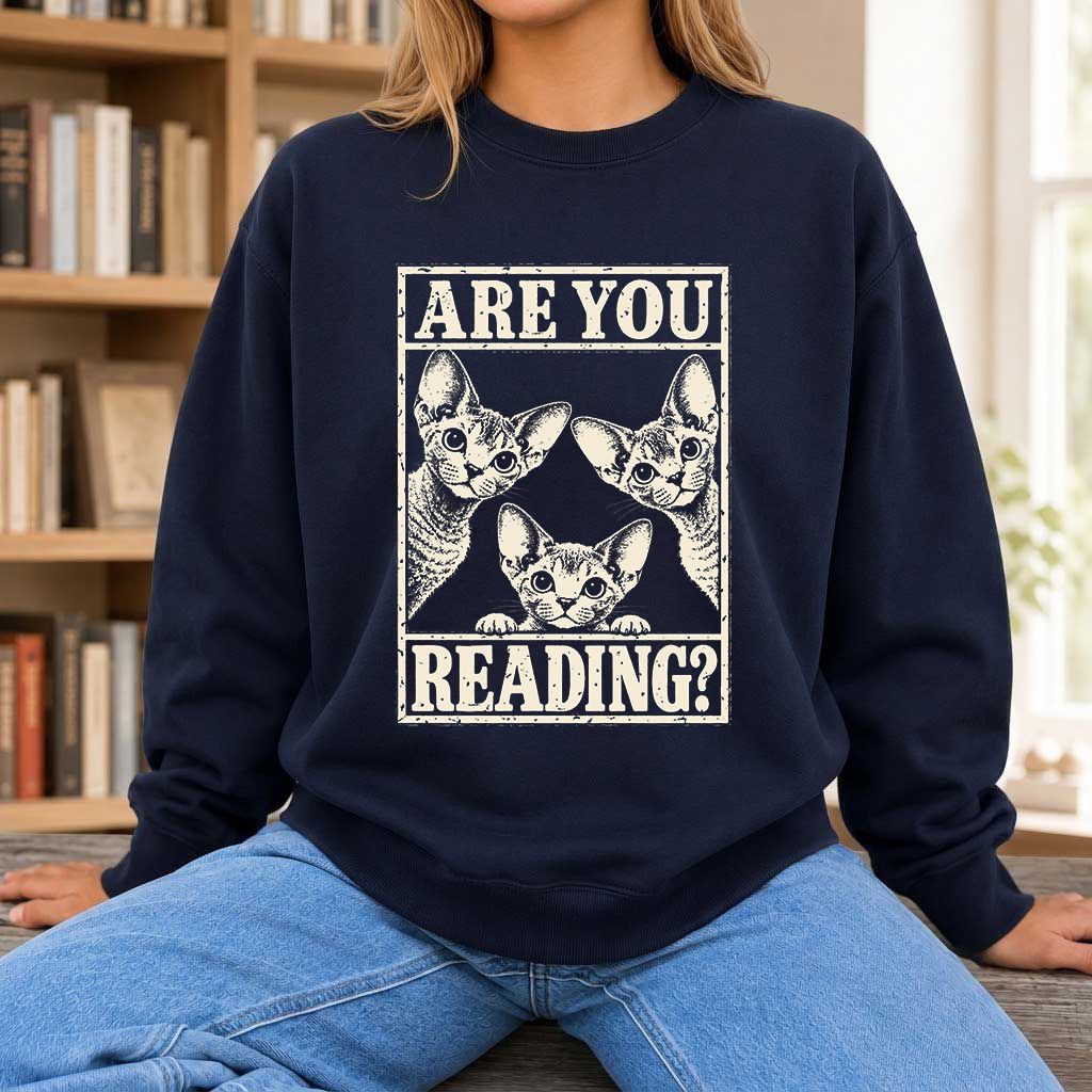 ARE YOU READING Devon Rex Printed Sweatshirt | Cat Lover Gift Navy