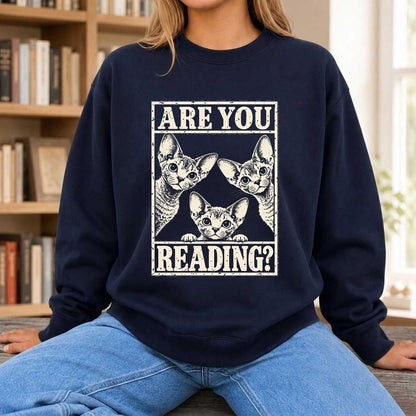 ARE YOU READING Devon Rex Printed Sweatshirt | Cat Lover Gift Navy