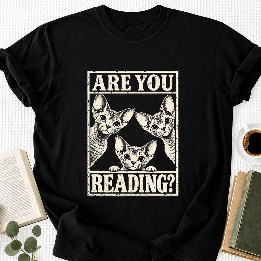ARE YOU READING Devon Rex Printed T-Shirt | Cat Lover Gift Black