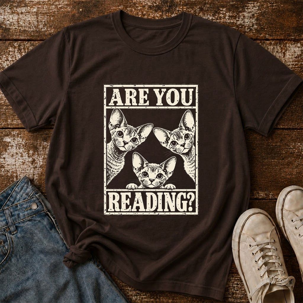 ARE YOU READING Devon Rex Printed T-Shirt | Cat Lover Gift Dark Chocolate