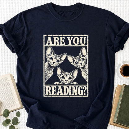 ARE YOU READING Devon Rex Printed T-Shirt | Cat Lover Gift Navy