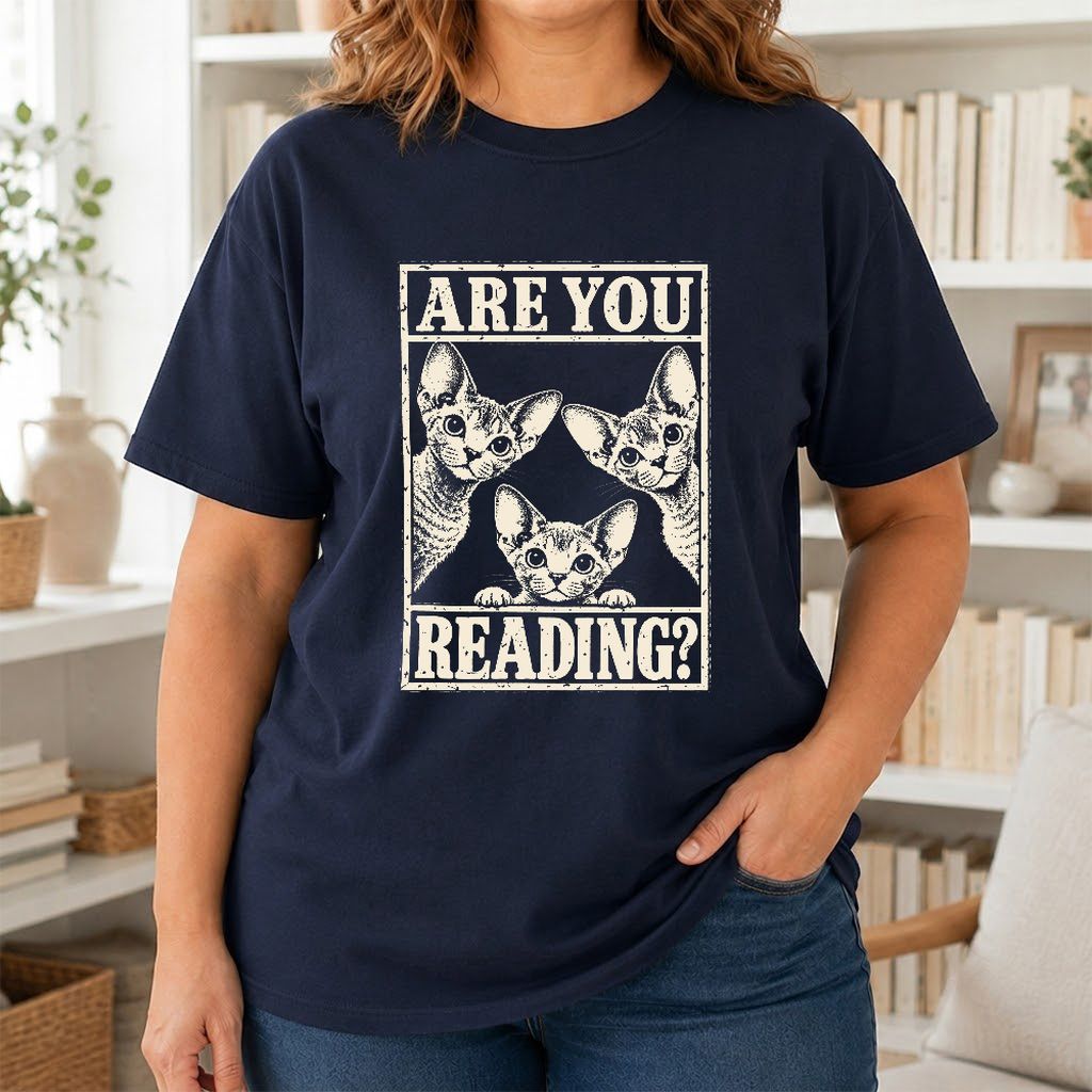 ARE YOU READING Devon Rex Printed T-Shirt | Cat Lover Gift Navy