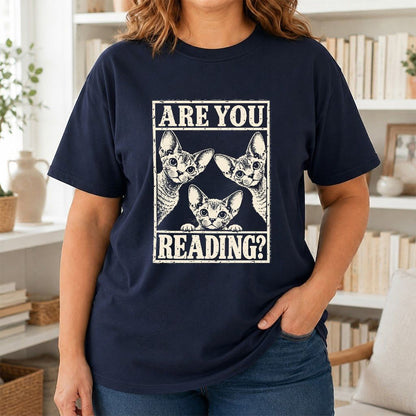 ARE YOU READING Devon Rex Printed T-Shirt | Cat Lover Gift Navy