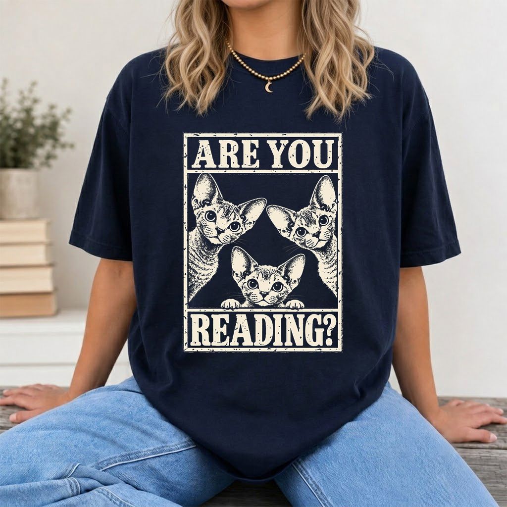 ARE YOU READING Devon Rex Printed T-Shirt | Cat Lover Gift Navy