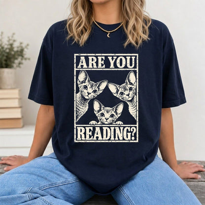 ARE YOU READING Devon Rex Printed T-Shirt | Cat Lover Gift Navy