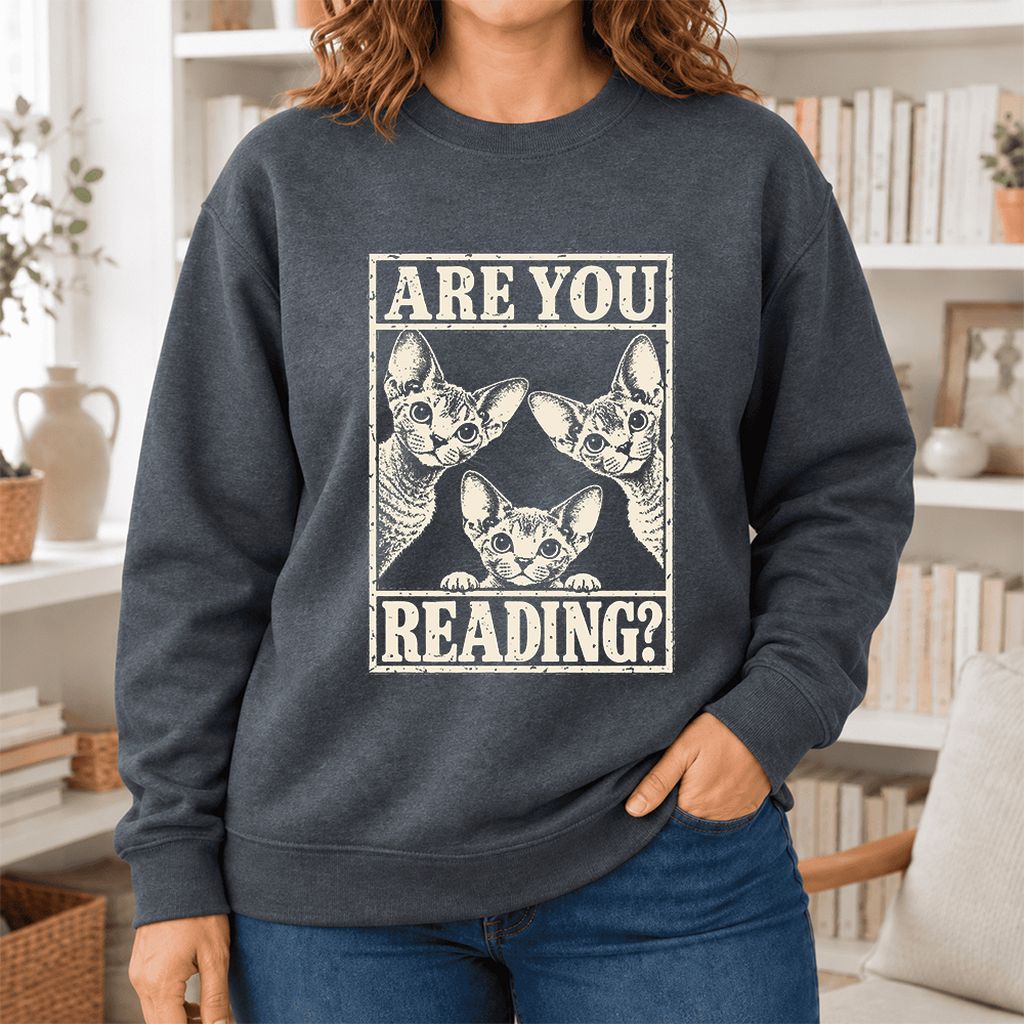 Are You Reading Devon Rex Softstyle Sweatshirt | Cat Lover Reader Gift Dark Heather