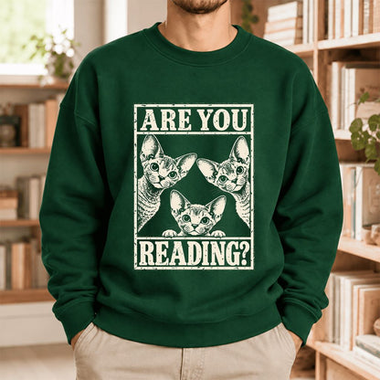 Are You Reading Devon Rex Softstyle Sweatshirt | Cat Lover Reader Gift Forest Green