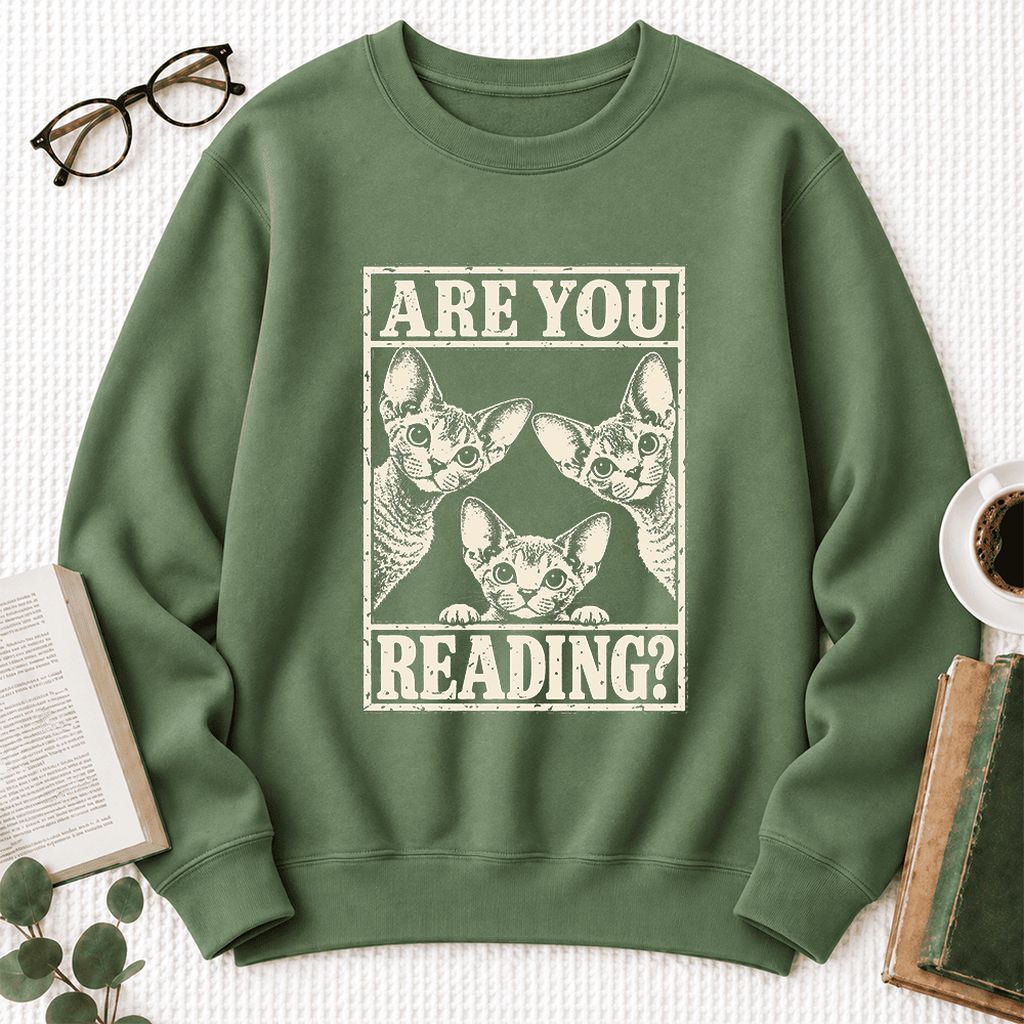 Are You Reading Devon Rex Softstyle Sweatshirt | Cat Lover Reader Gift Military Green