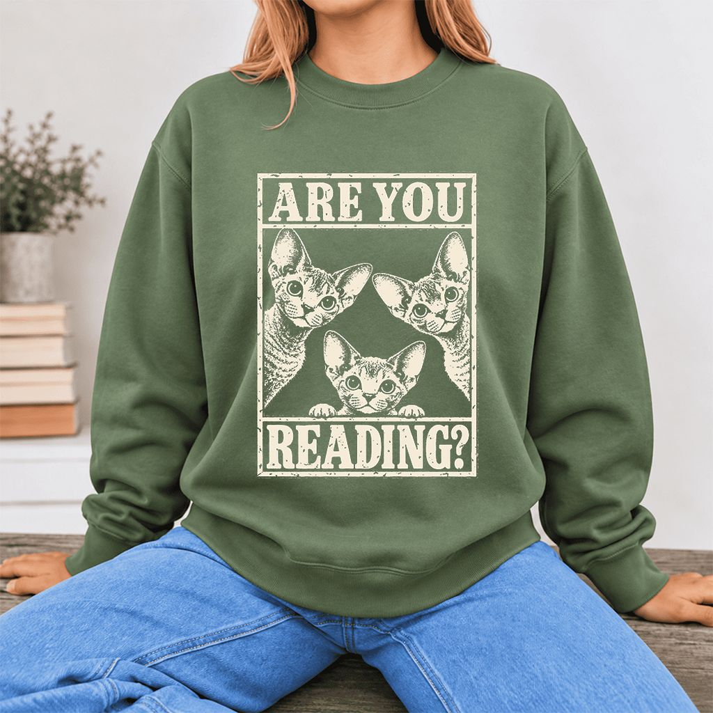 Are You Reading Devon Rex Softstyle Sweatshirt | Cat Lover Reader Gift Military Green