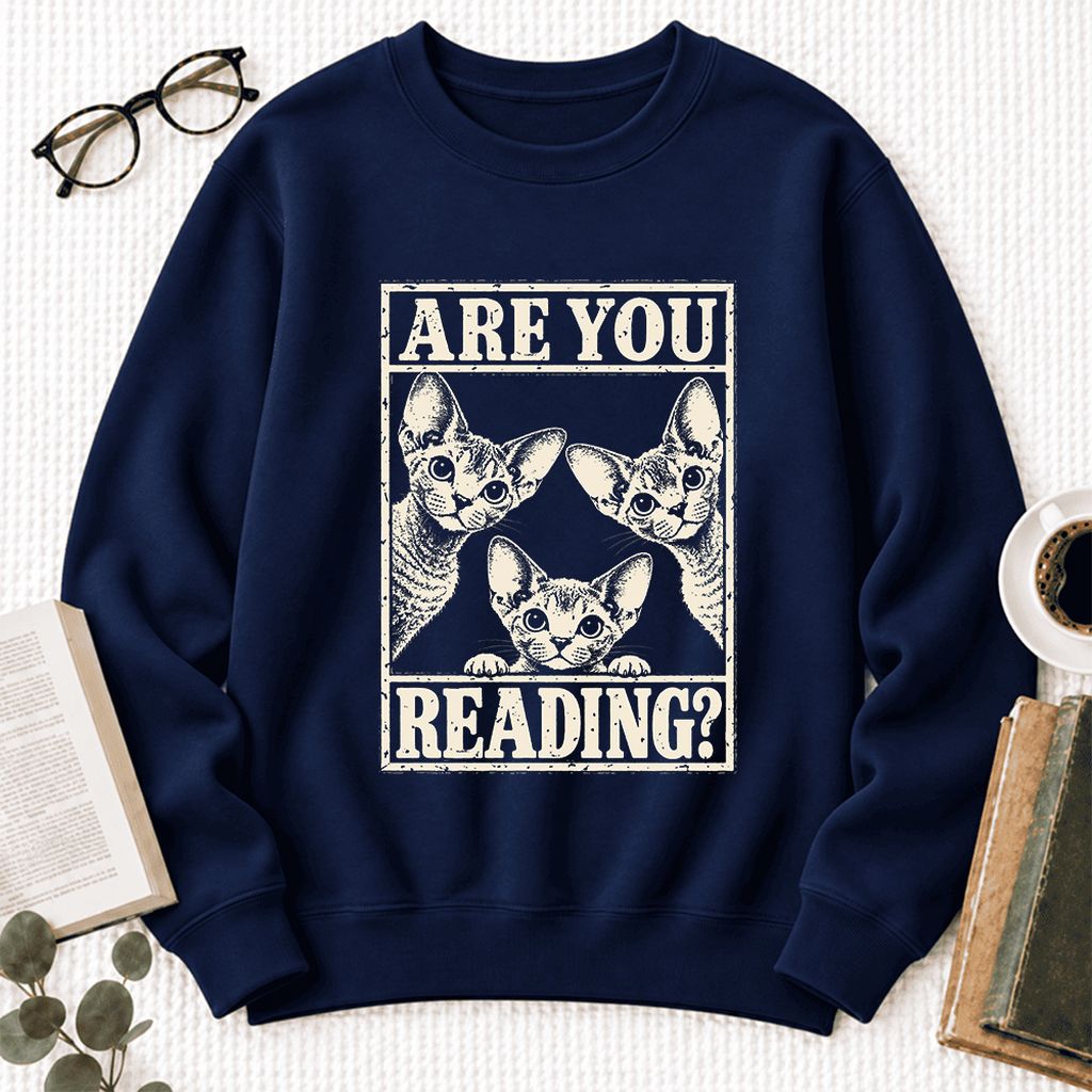 Are You Reading Devon Rex Softstyle Sweatshirt | Cat Lover Reader Gift Navy
