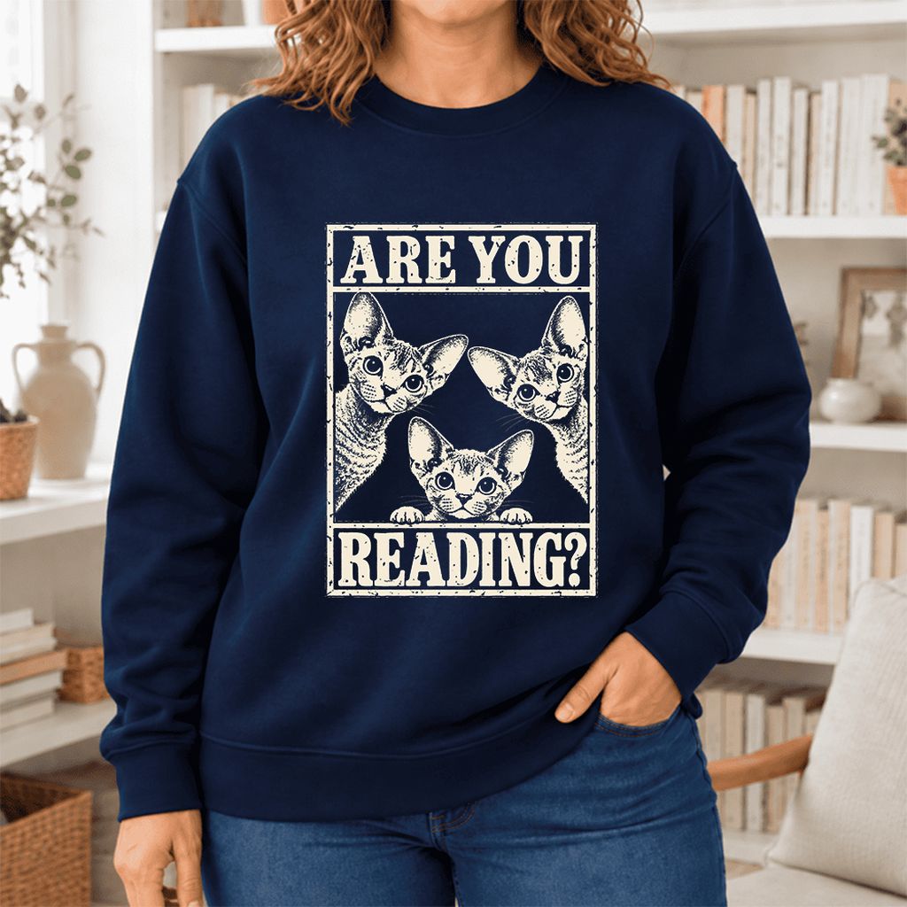 Are You Reading Devon Rex Softstyle Sweatshirt | Cat Lover Reader Gift Navy