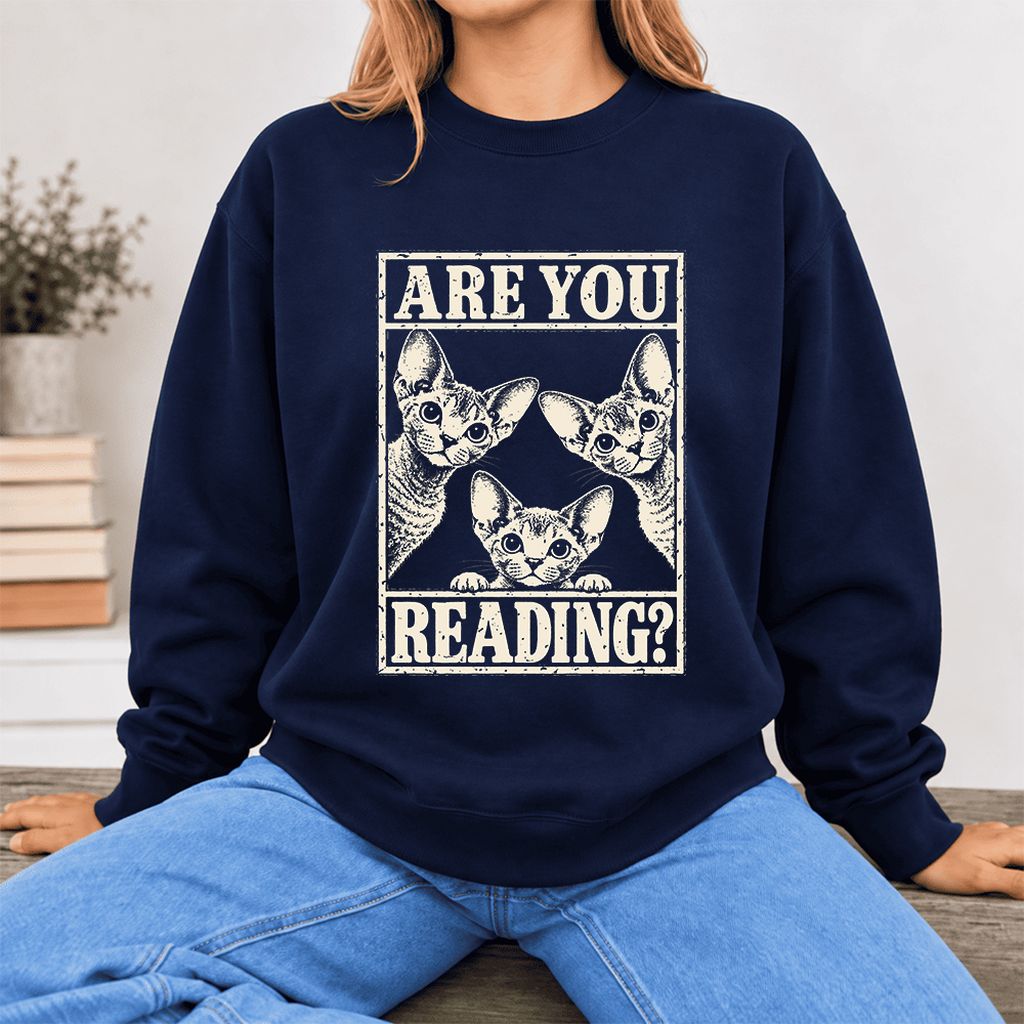 Are You Reading Devon Rex Softstyle Sweatshirt | Cat Lover Reader Gift Navy