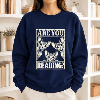 Are You Reading Devon Rex Softstyle Sweatshirt | Cat Lover Reader Gift Navy