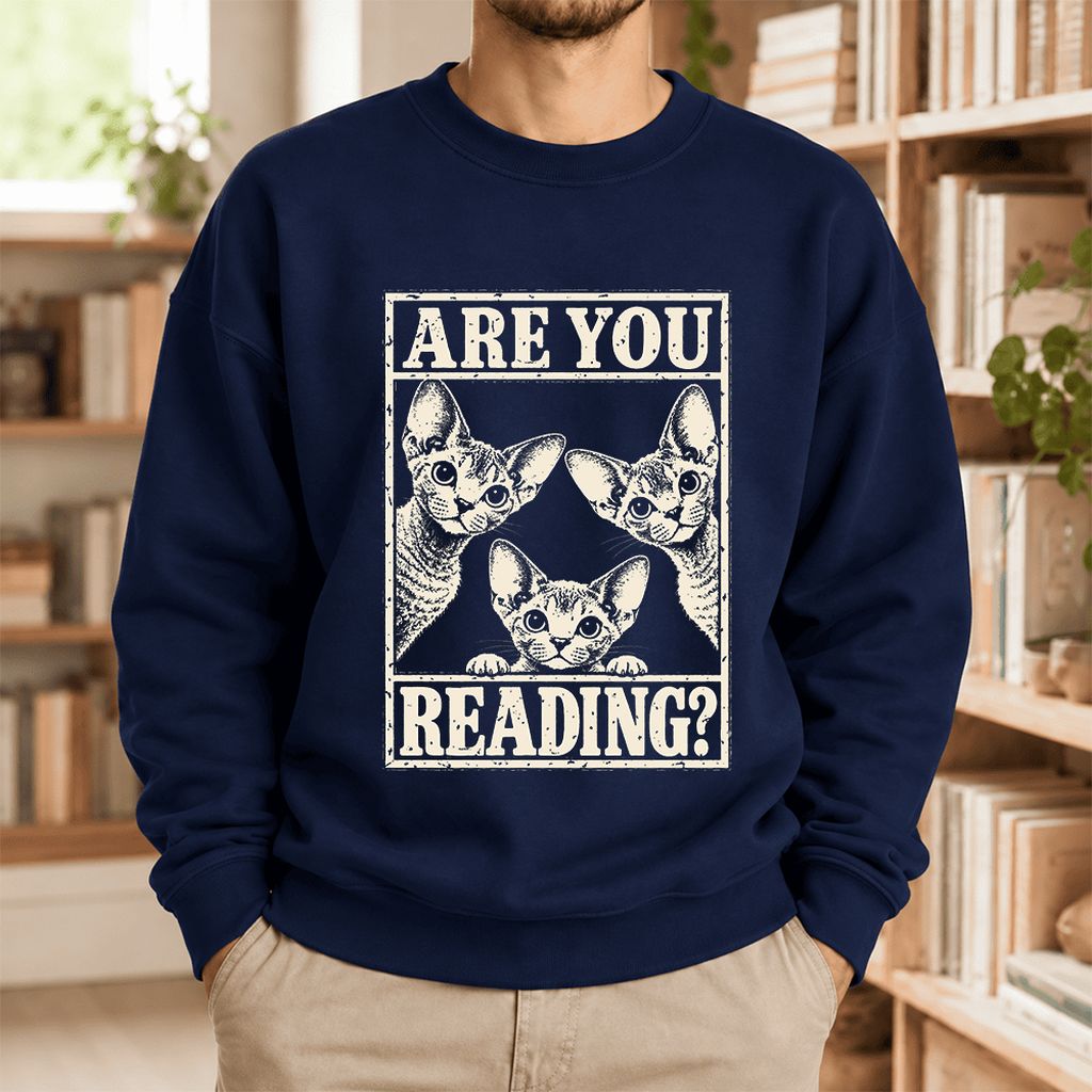 Are You Reading Devon Rex Softstyle Sweatshirt | Cat Lover Reader Gift Navy