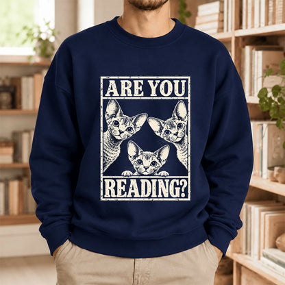 Are You Reading Devon Rex Softstyle Sweatshirt | Cat Lover Reader Gift Navy