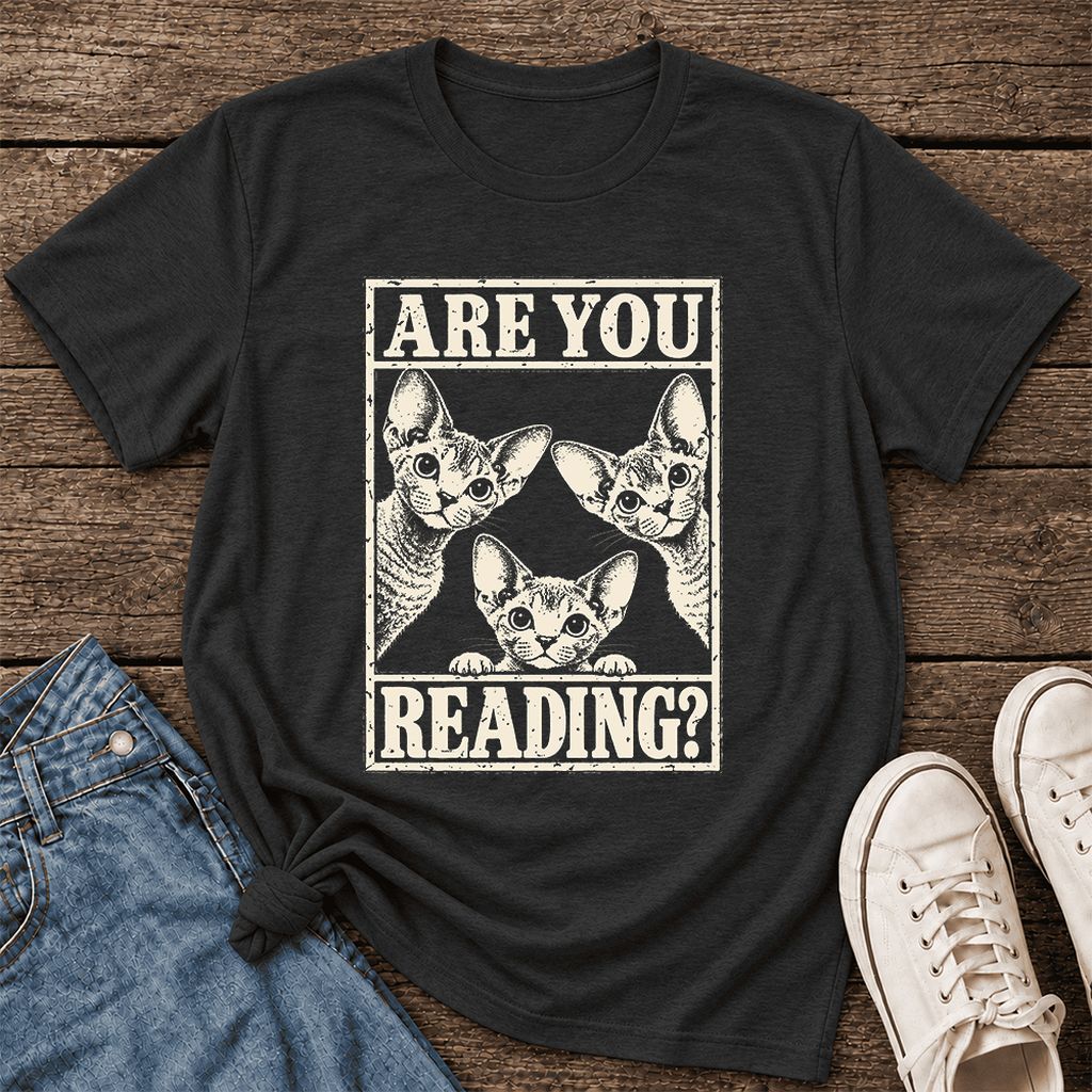 ARE YOU READING Devon Rex Ultra-Soft Cotton T-Shirt | Cat Lover Gift Black Heather
