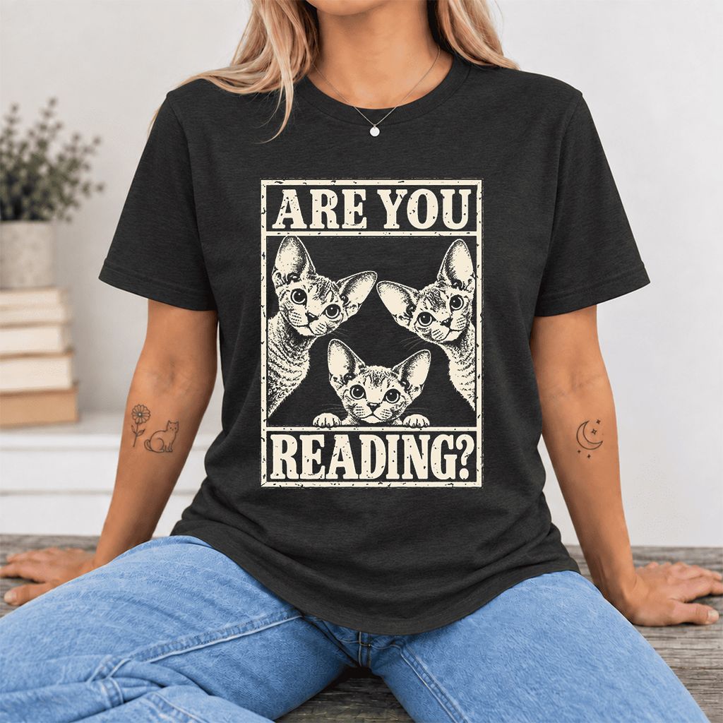 ARE YOU READING Devon Rex Ultra-Soft Cotton T-Shirt | Cat Lover Gift Black Heather