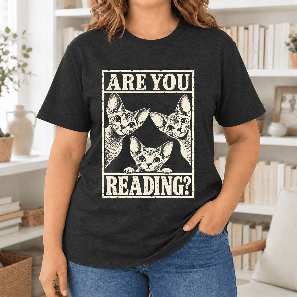 ARE YOU READING Devon Rex Ultra-Soft Cotton T-Shirt | Cat Lover Gift Black Heather