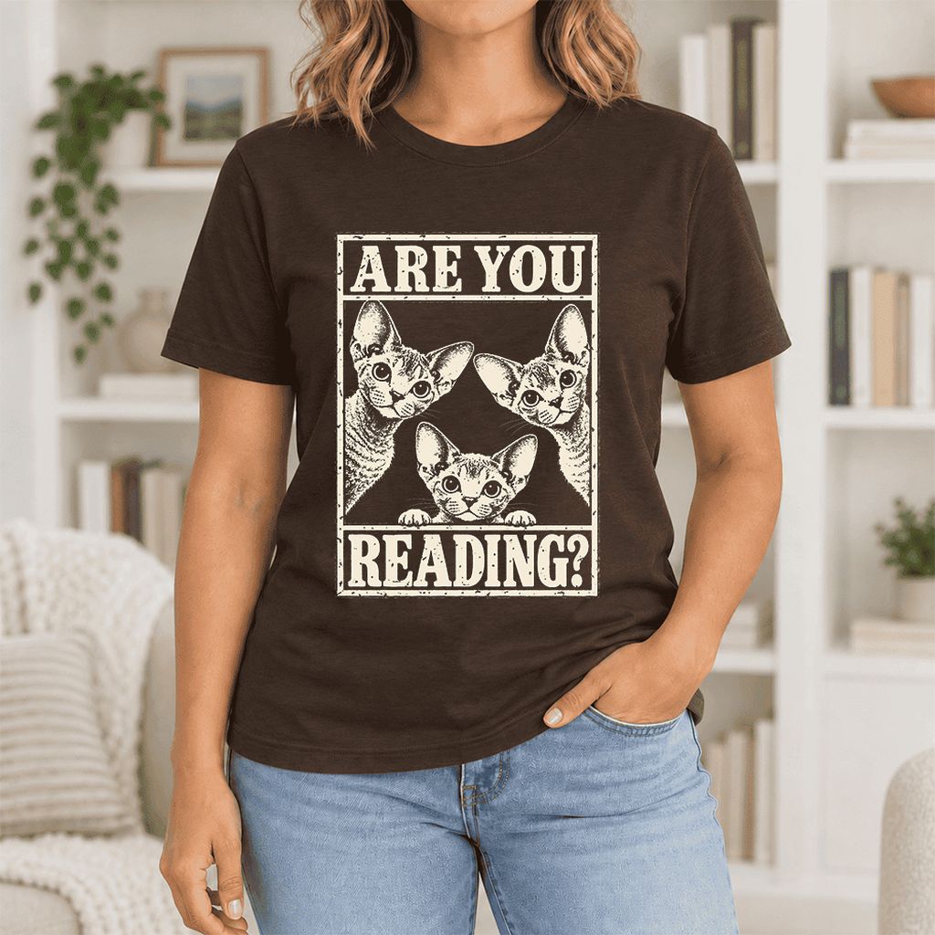 ARE YOU READING Devon Rex Ultra-Soft Cotton T-Shirt | Cat Lover Gift Brown