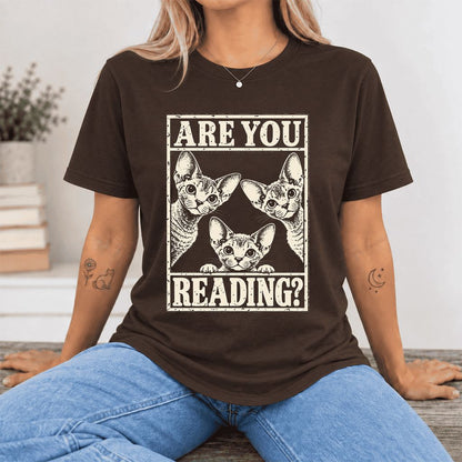 ARE YOU READING Devon Rex Ultra-Soft Cotton T-Shirt | Cat Lover Gift Brown