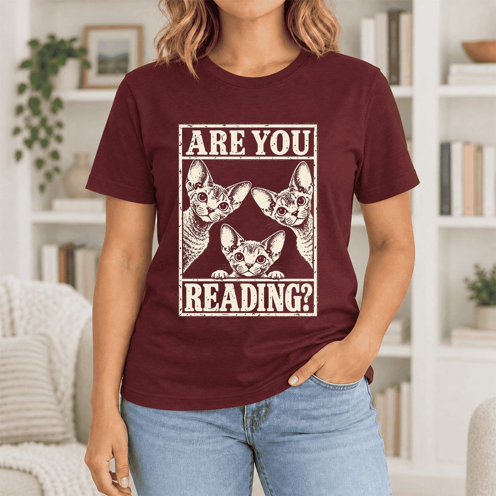 ARE YOU READING Devon Rex Ultra-Soft Cotton T-Shirt | Cat Lover Gift Maroon