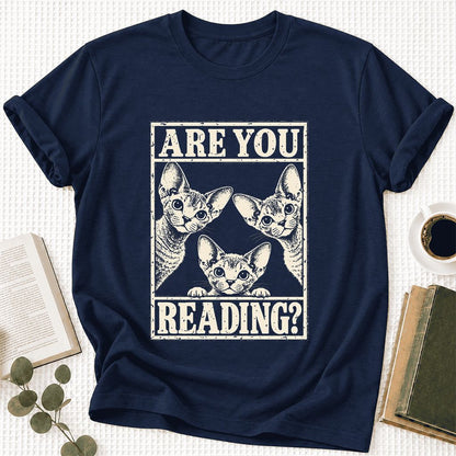 ARE YOU READING Devon Rex Ultra-Soft Cotton T-Shirt | Cat Lover Gift Navy