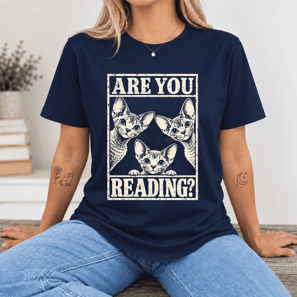 ARE YOU READING Devon Rex Ultra-Soft Cotton T-Shirt | Cat Lover Gift Navy