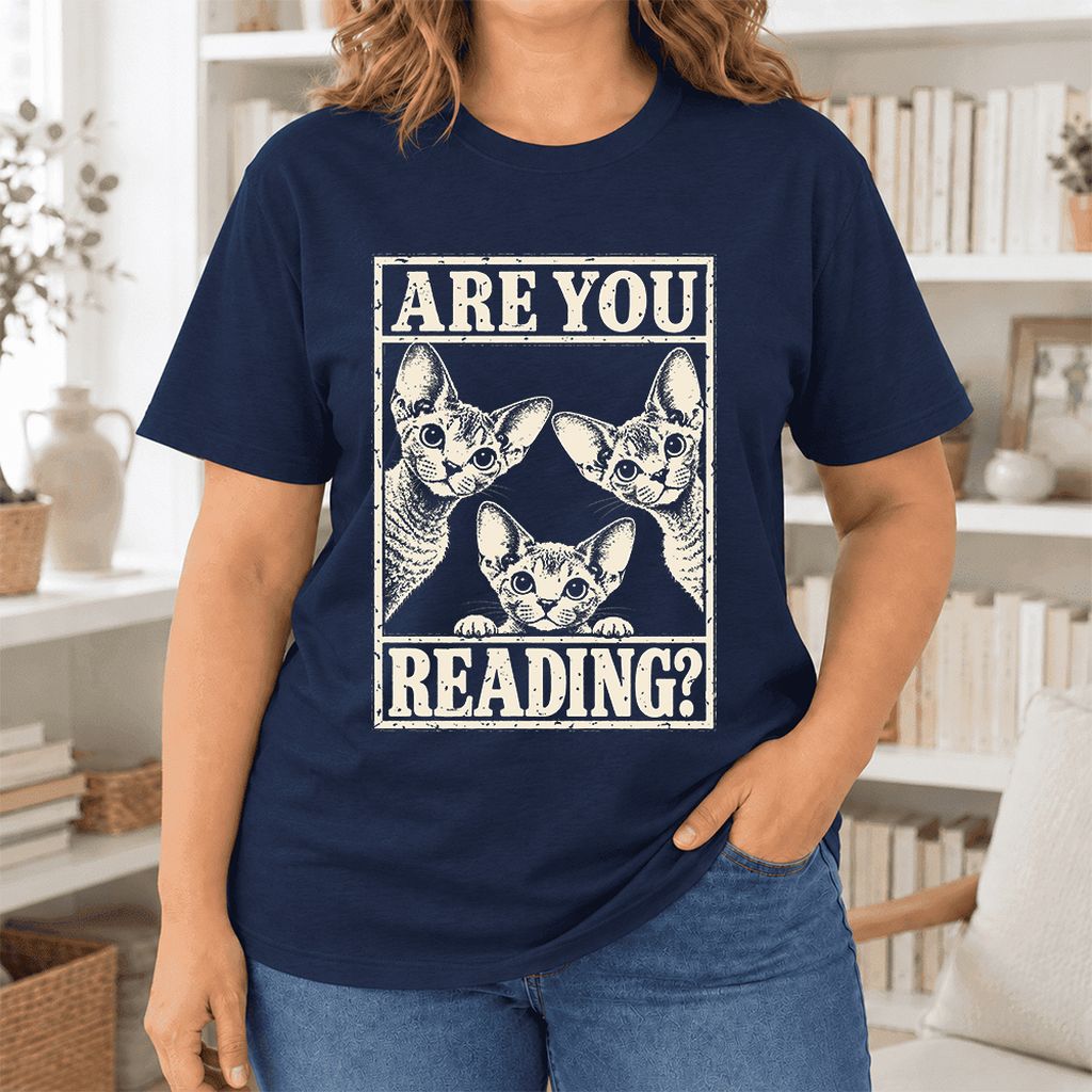 ARE YOU READING Devon Rex Ultra-Soft Cotton T-Shirt | Cat Lover Gift Navy