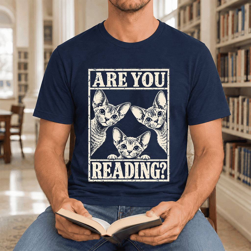 ARE YOU READING Devon Rex Ultra-Soft Cotton T-Shirt | Cat Lover Gift Navy