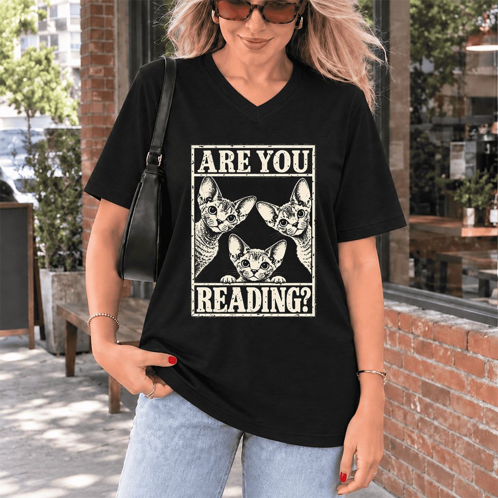 ARE YOU READING Devon Rex Ultra-Soft V-Neck | Cat Lover Gift Black