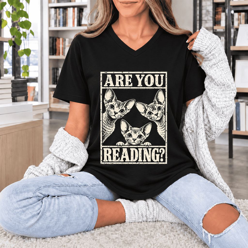 ARE YOU READING Devon Rex Ultra-Soft V-Neck | Cat Lover Gift Black