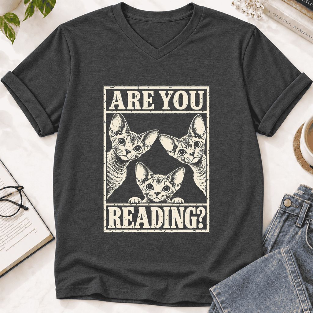 ARE YOU READING Devon Rex Ultra-Soft V-Neck | Cat Lover Gift Dark Grey Heather