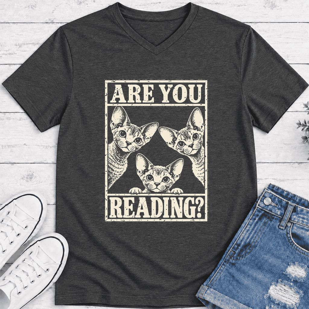 ARE YOU READING Devon Rex Ultra-Soft V-Neck | Cat Lover Gift Dark Grey Heather