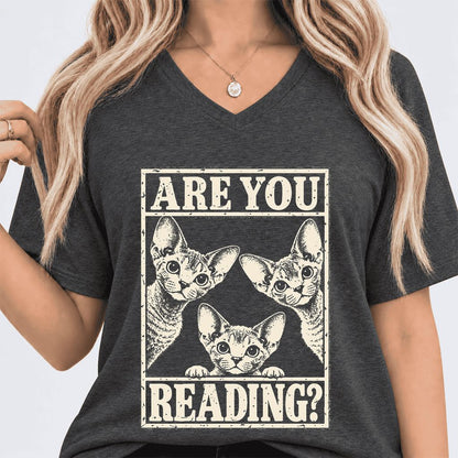ARE YOU READING Devon Rex Ultra-Soft V-Neck | Cat Lover Gift Dark Grey Heather