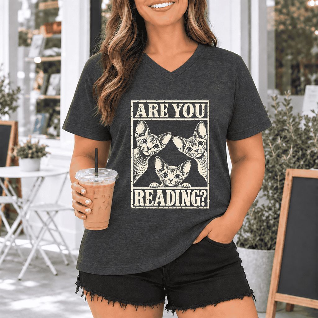 ARE YOU READING Devon Rex Ultra-Soft V-Neck | Cat Lover Gift Dark Grey Heather