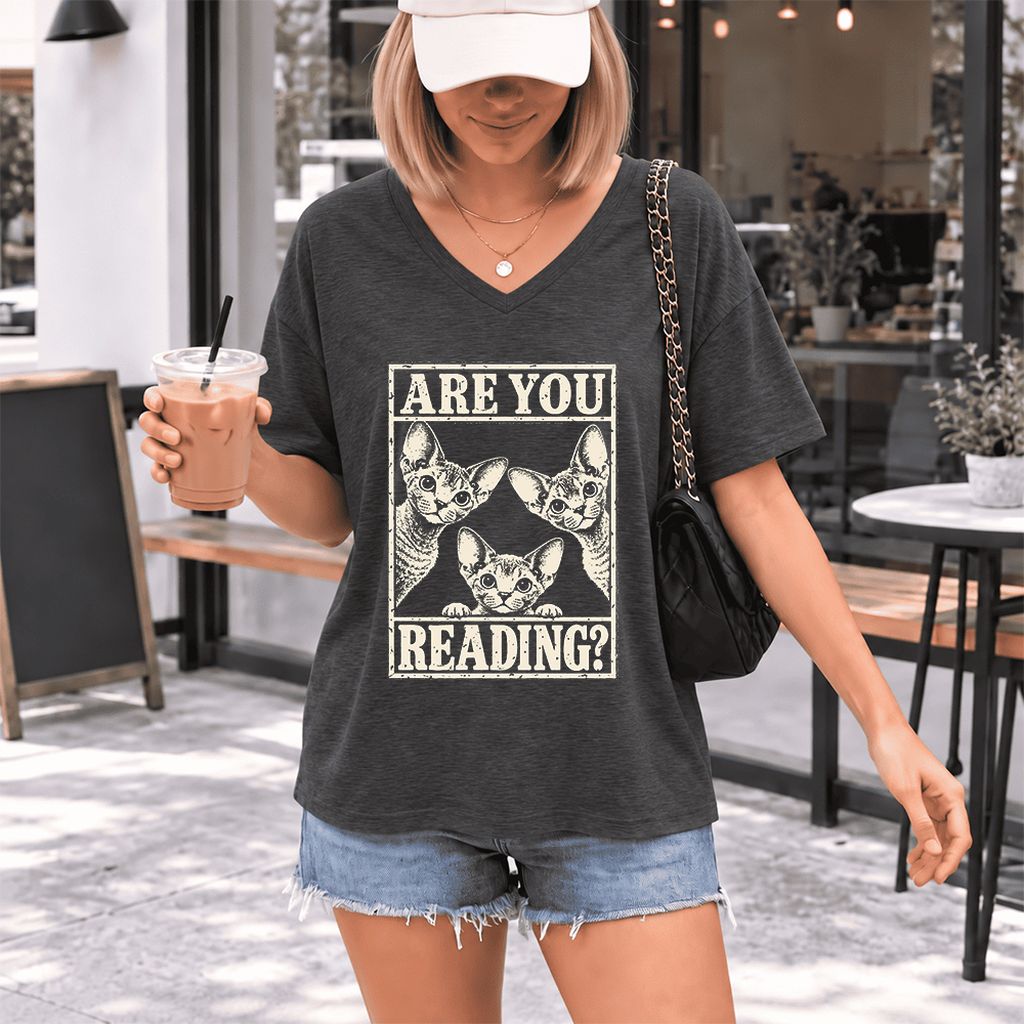 ARE YOU READING Devon Rex Ultra-Soft V-Neck | Cat Lover Gift Dark Grey Heather