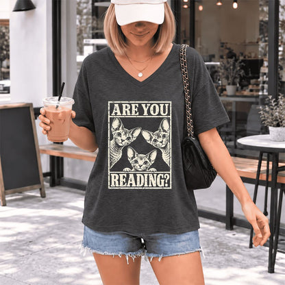 ARE YOU READING Devon Rex Ultra-Soft V-Neck | Cat Lover Gift Dark Grey Heather