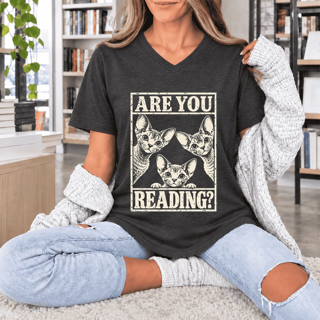 ARE YOU READING Devon Rex Ultra-Soft V-Neck | Cat Lover Gift Dark Grey Heather