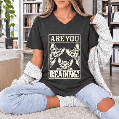 ARE YOU READING Devon Rex Ultra-Soft V-Neck | Cat Lover Gift Dark Grey Heather