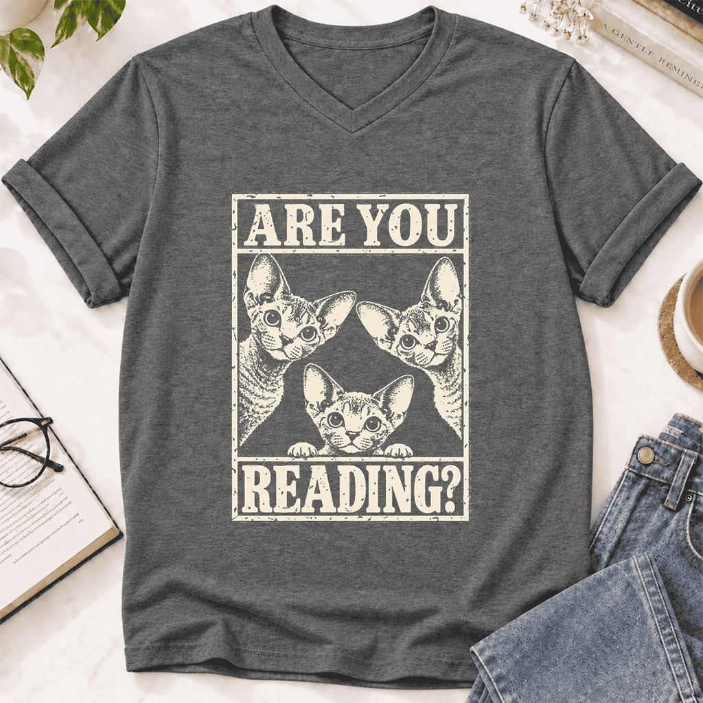 ARE YOU READING Devon Rex Ultra-Soft V-Neck | Cat Lover Gift Deep Heather